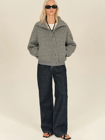 Textured Knit Button Placket Stand Collar Padded Jacket