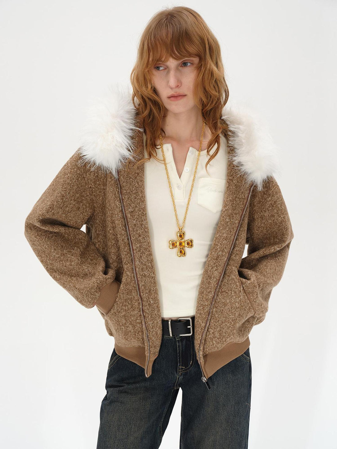 AFTADAWN Textured Knitted Detachable Faux Fur Zip Up Quilted Jacket