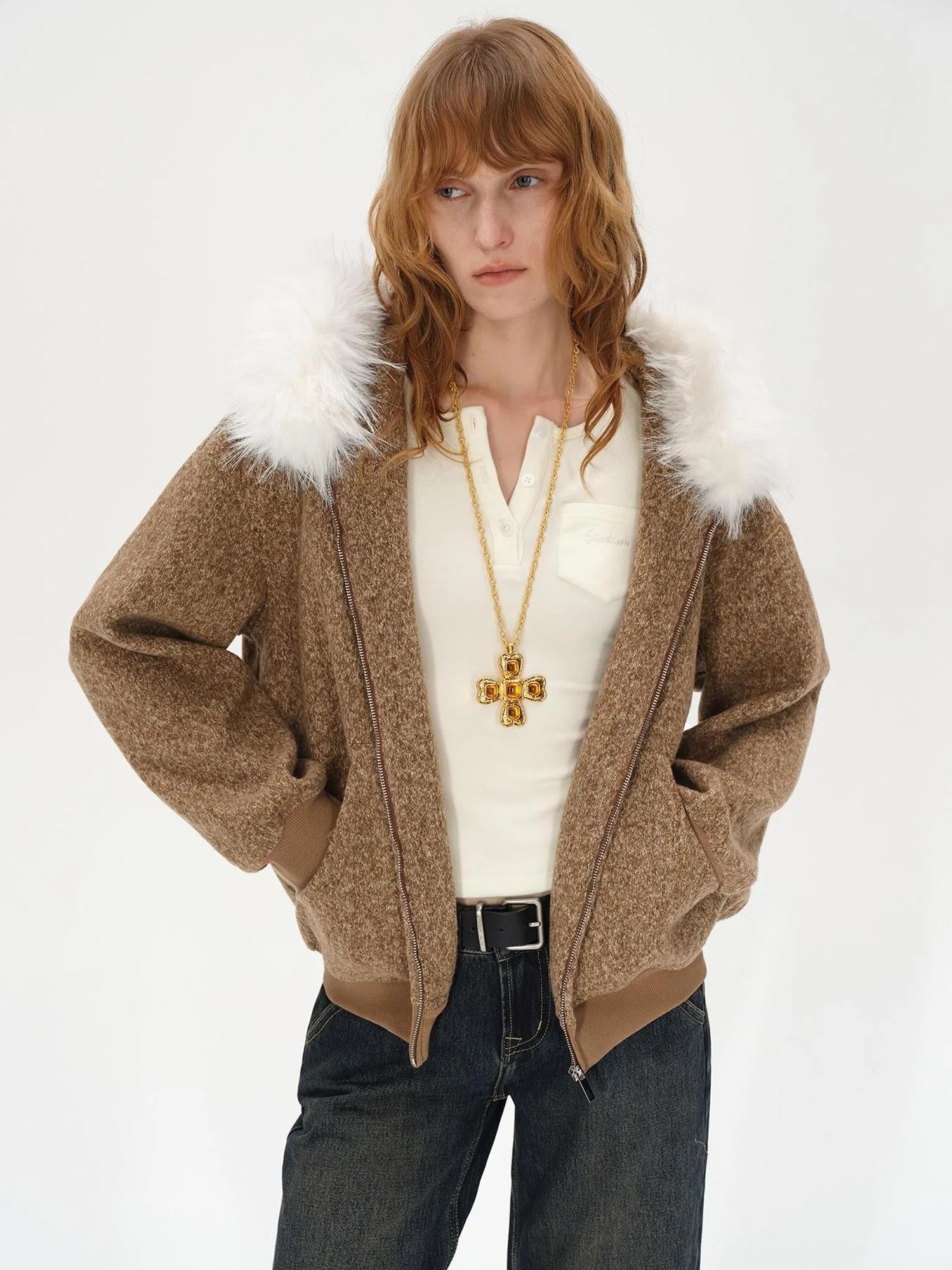 Textured Knitted Detachable Faux Fur Zip Up Quilted Jacket