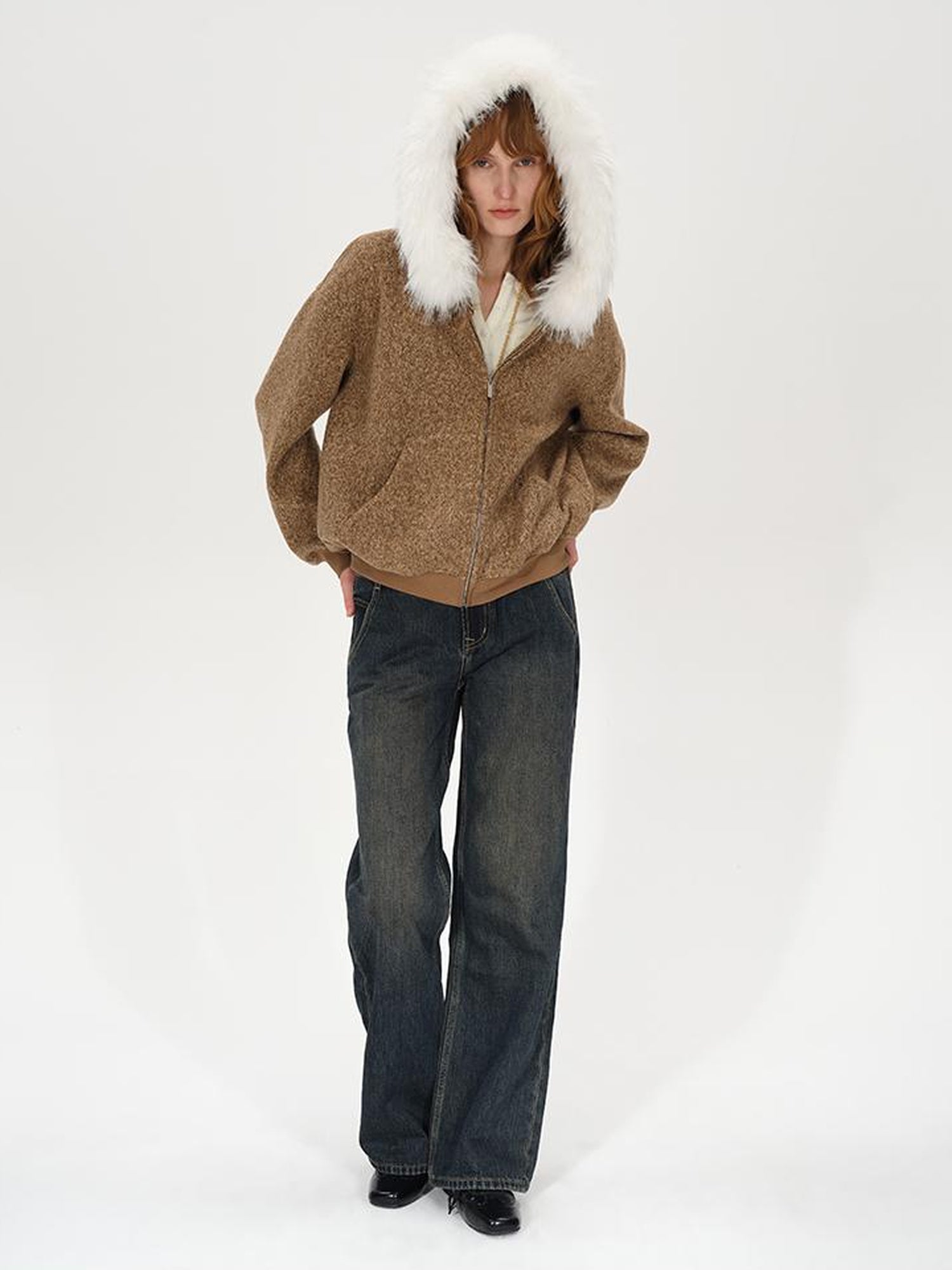 AFTADAWN Textured Knitted Detachable Faux Fur Zip Up Quilted Jacket