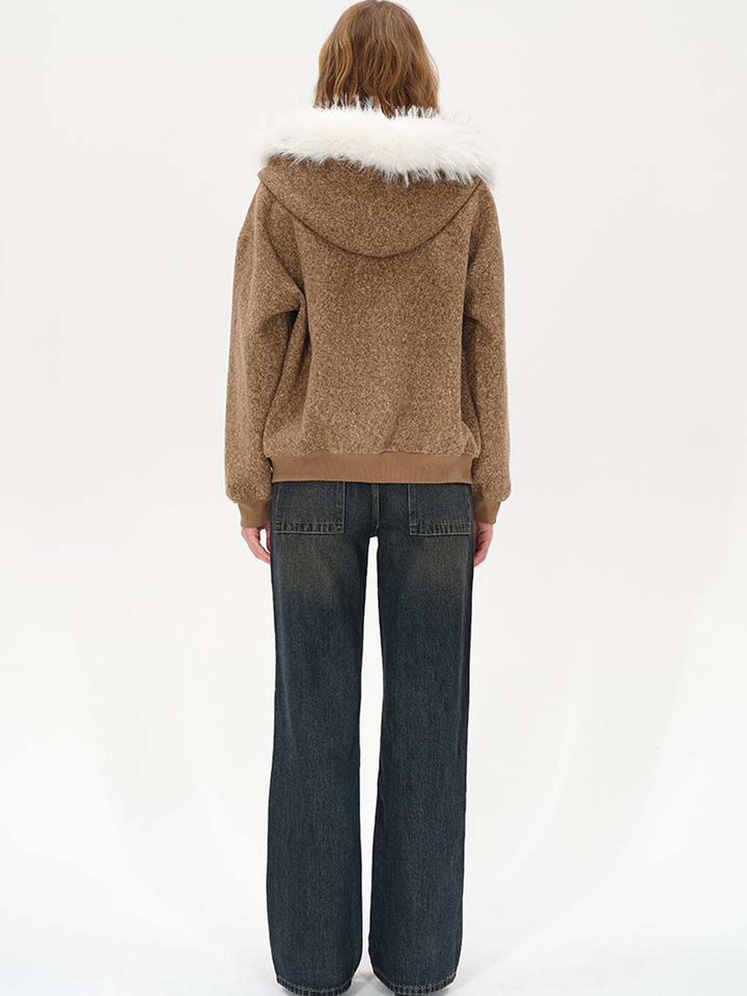 AFTADAWN Textured Knitted Detachable Faux Fur Zip Up Quilted Jacket