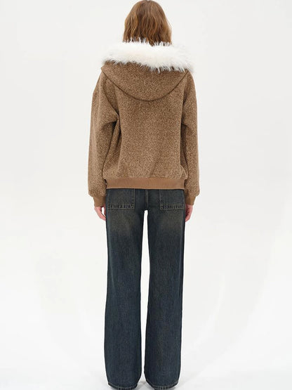 Textured Knitted Detachable Faux Fur Zip Up Quilted Jacket