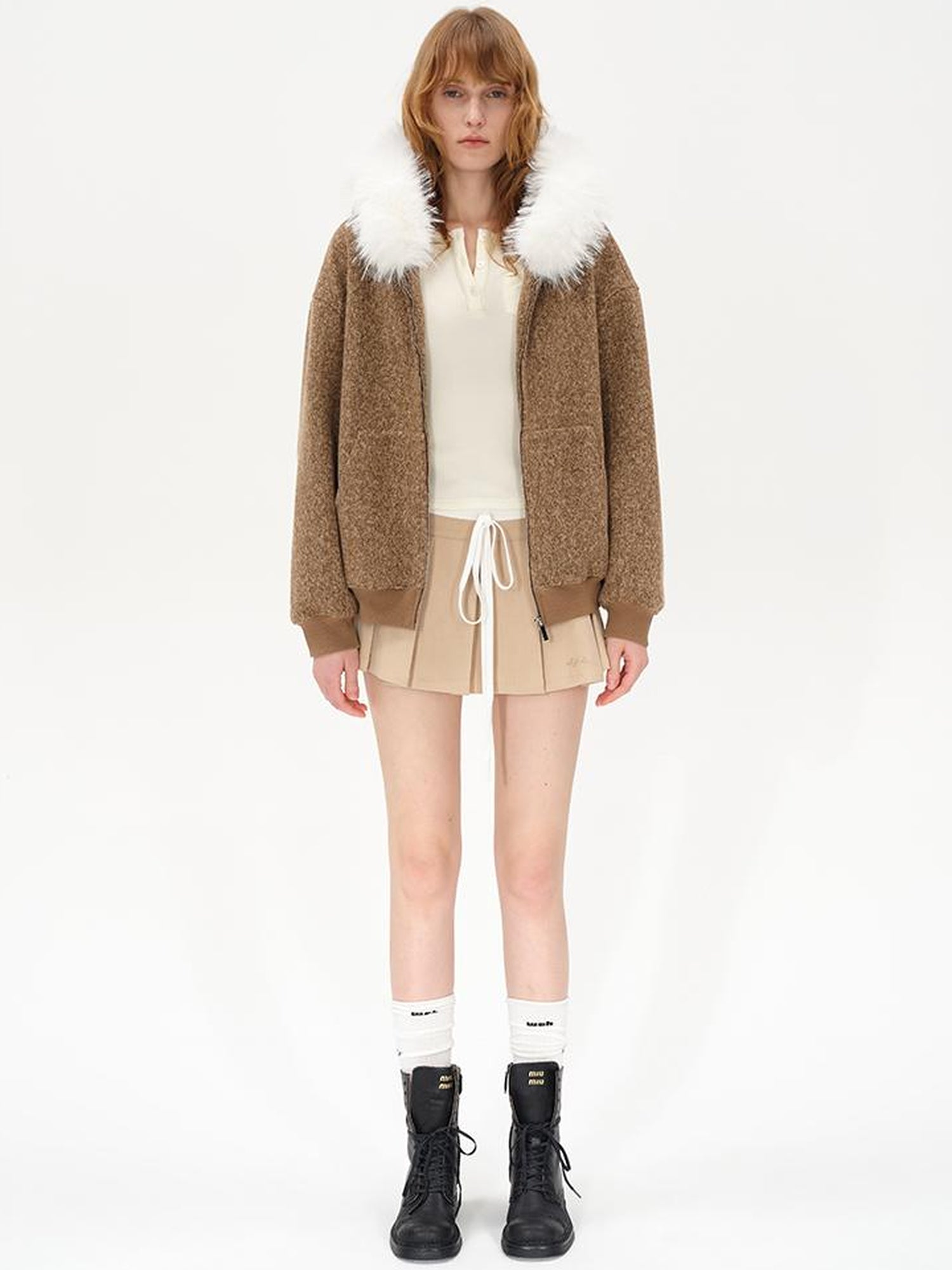 AFTADAWN Textured Knitted Detachable Faux Fur Zip Up Quilted Jacket