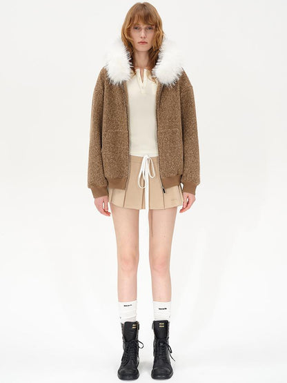 AFTADAWN Textured Knitted Detachable Faux Fur Zip Up Quilted Jacket