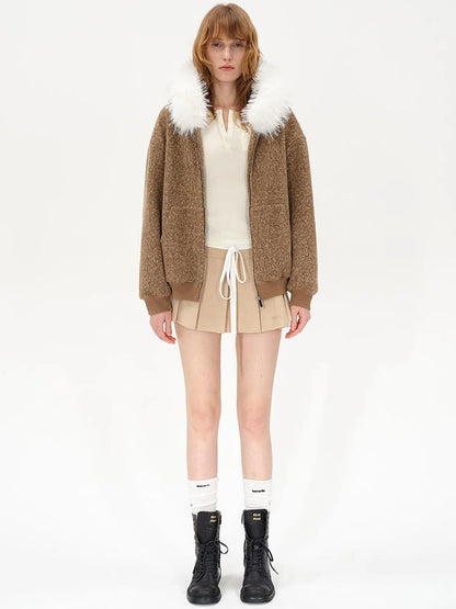 Textured Knitted Detachable Faux Fur Zip Up Quilted Jacket