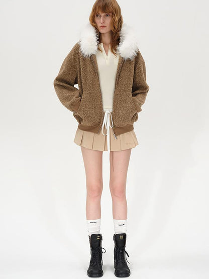 AFTADAWN Textured Knitted Detachable Faux Fur Zip Up Quilted Jacket