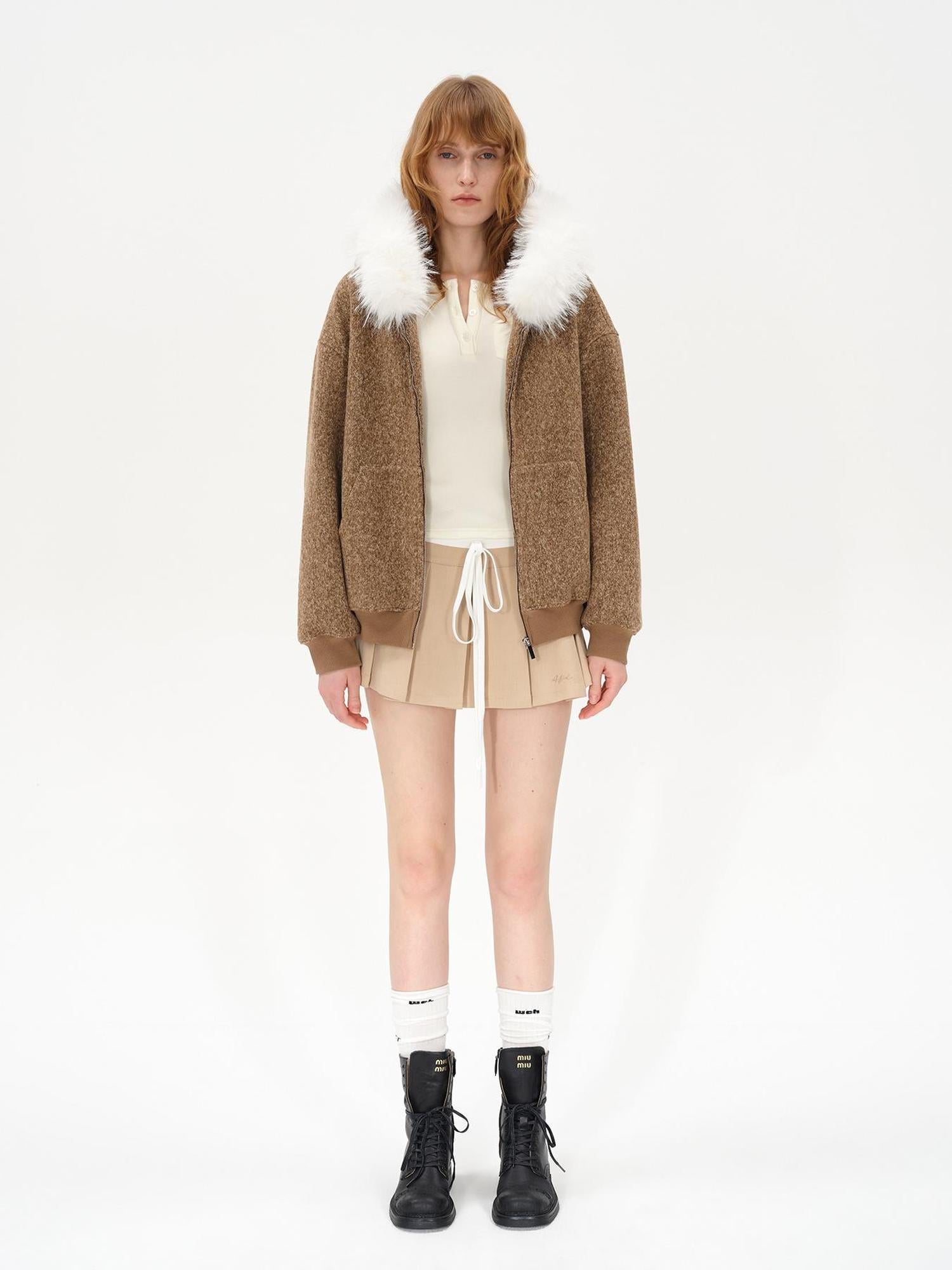 AFTADAWN Textured Knitted Detachable Faux Fur Zip Up Quilted Jacket
