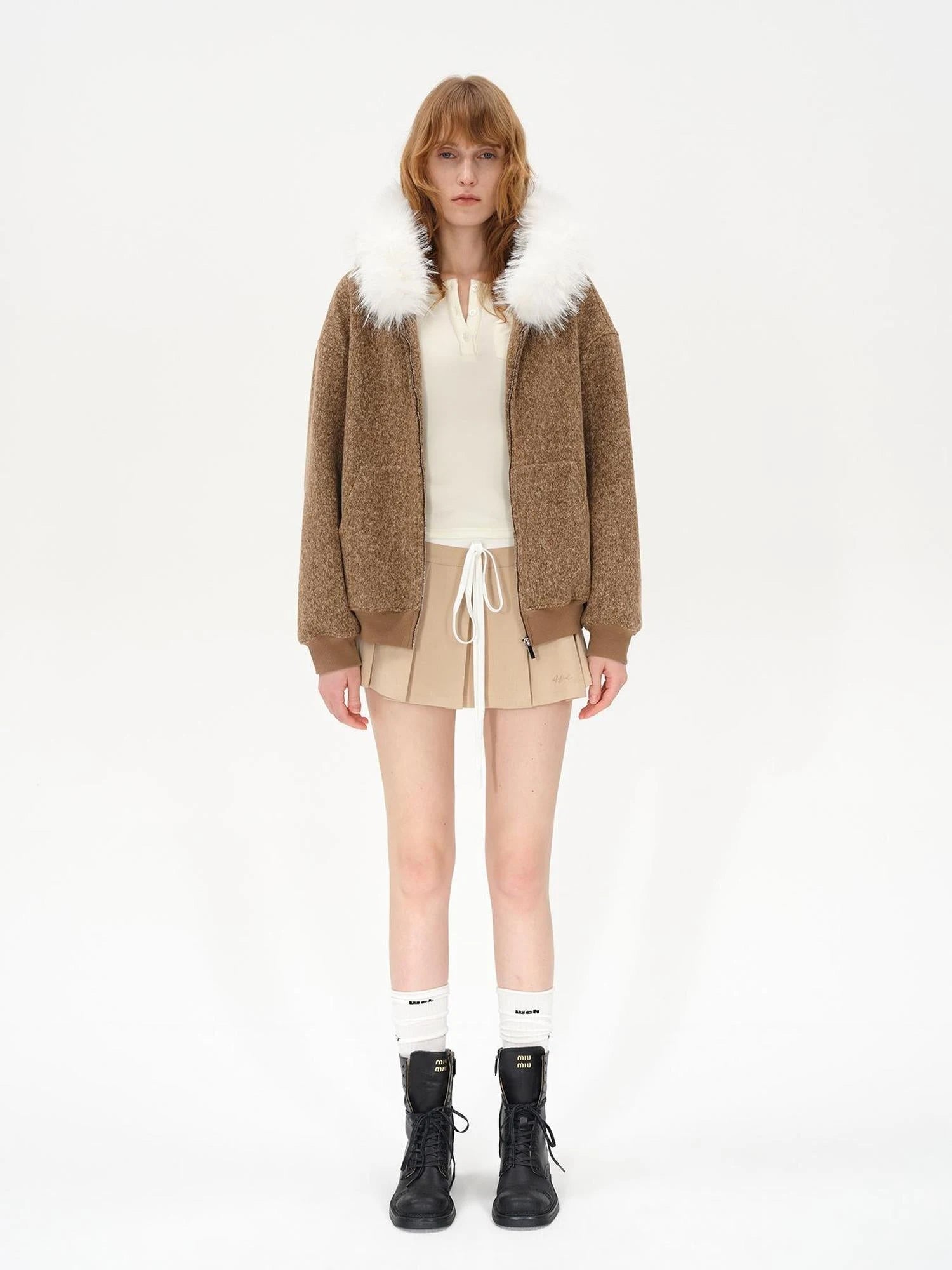 Textured Knitted Detachable Faux Fur Zip Up Quilted Jacket