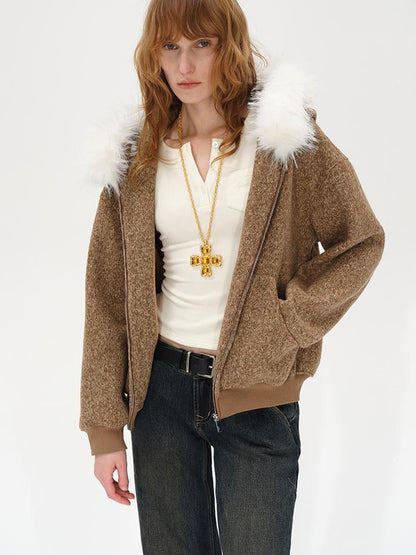 AFTADAWN Textured Knitted Detachable Faux Fur Zip Up Quilted Jacket