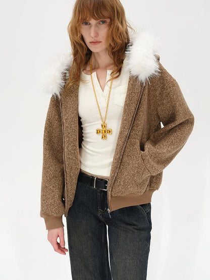 Textured Knitted Detachable Faux Fur Zip Up Quilted Jacket