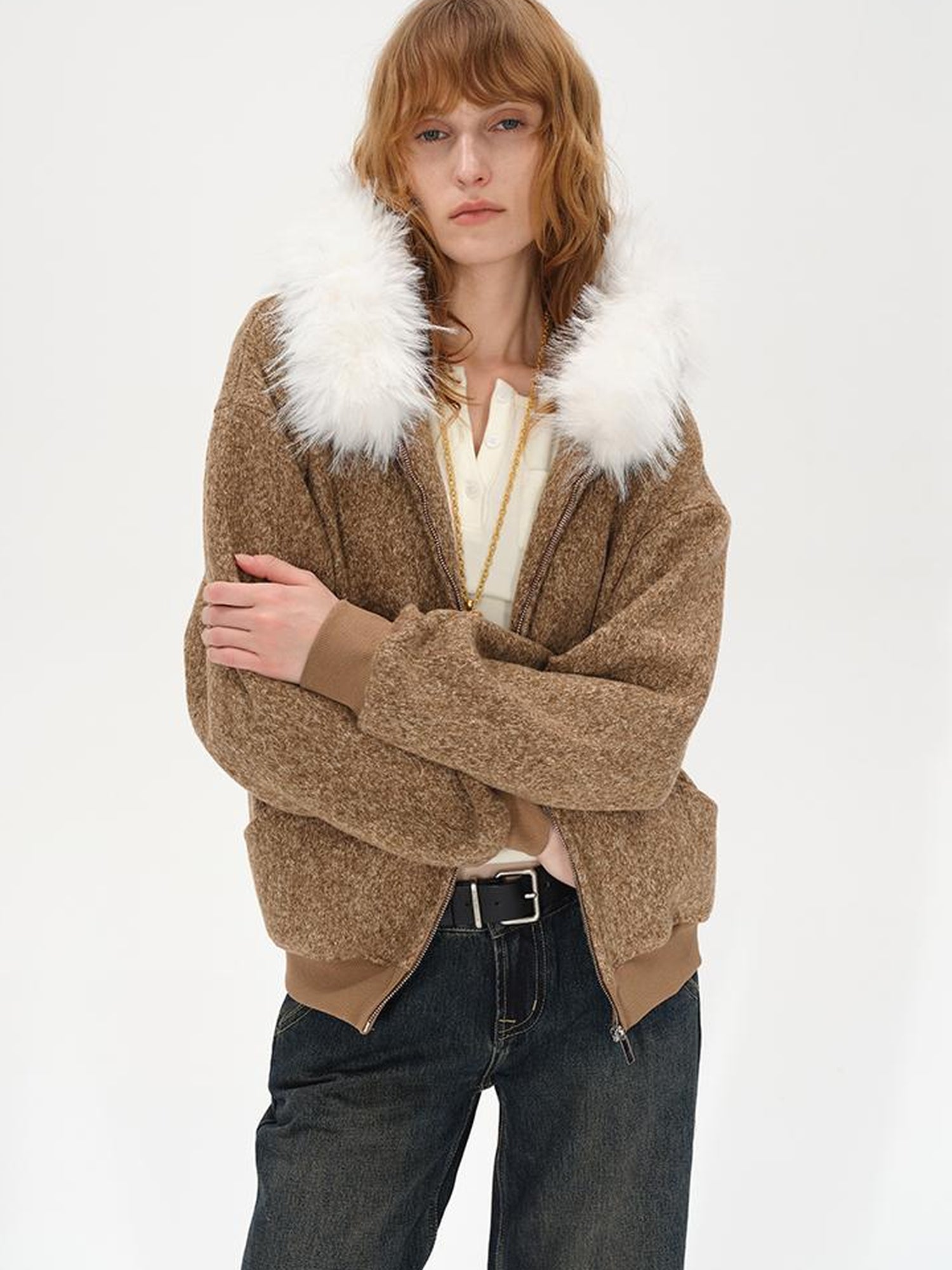 AFTADAWN Textured Knitted Detachable Faux Fur Zip Up Quilted Jacket