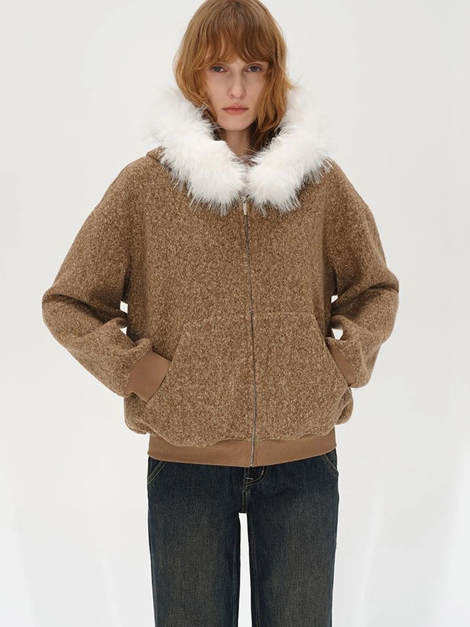 Textured Knitted Detachable Faux Fur Zip Up Quilted Jacket