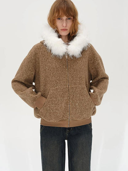 Textured Knitted Detachable Faux Fur Zip Up Quilted Jacket
