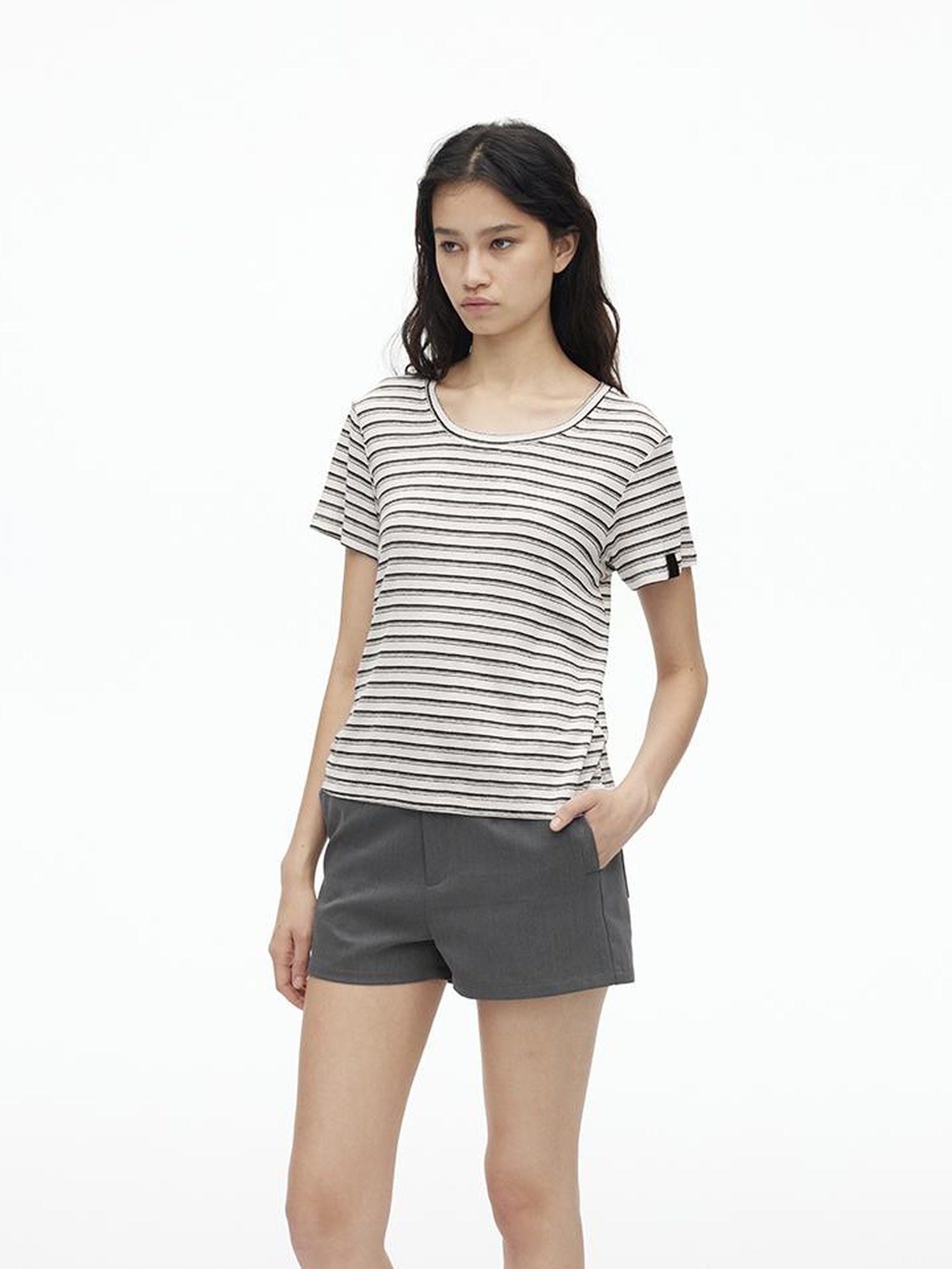 AFTADAWN Textured Linen Cotton Blend Striped Crewneck Tee