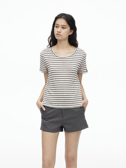 AFTADAWN Textured Linen Cotton Blend Striped Crewneck Tee