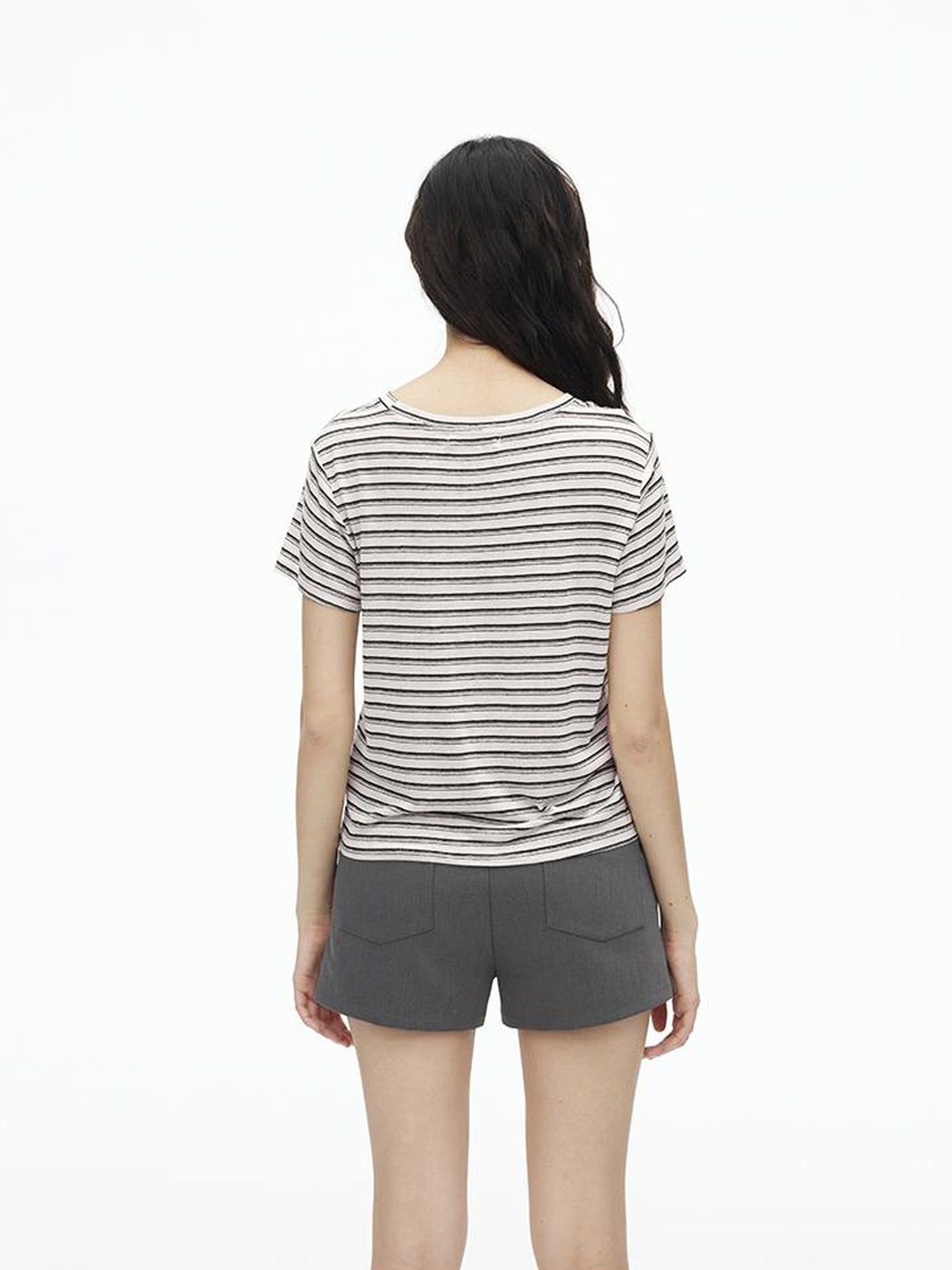 AFTADAWN Textured Linen Cotton Blend Striped Crewneck Tee