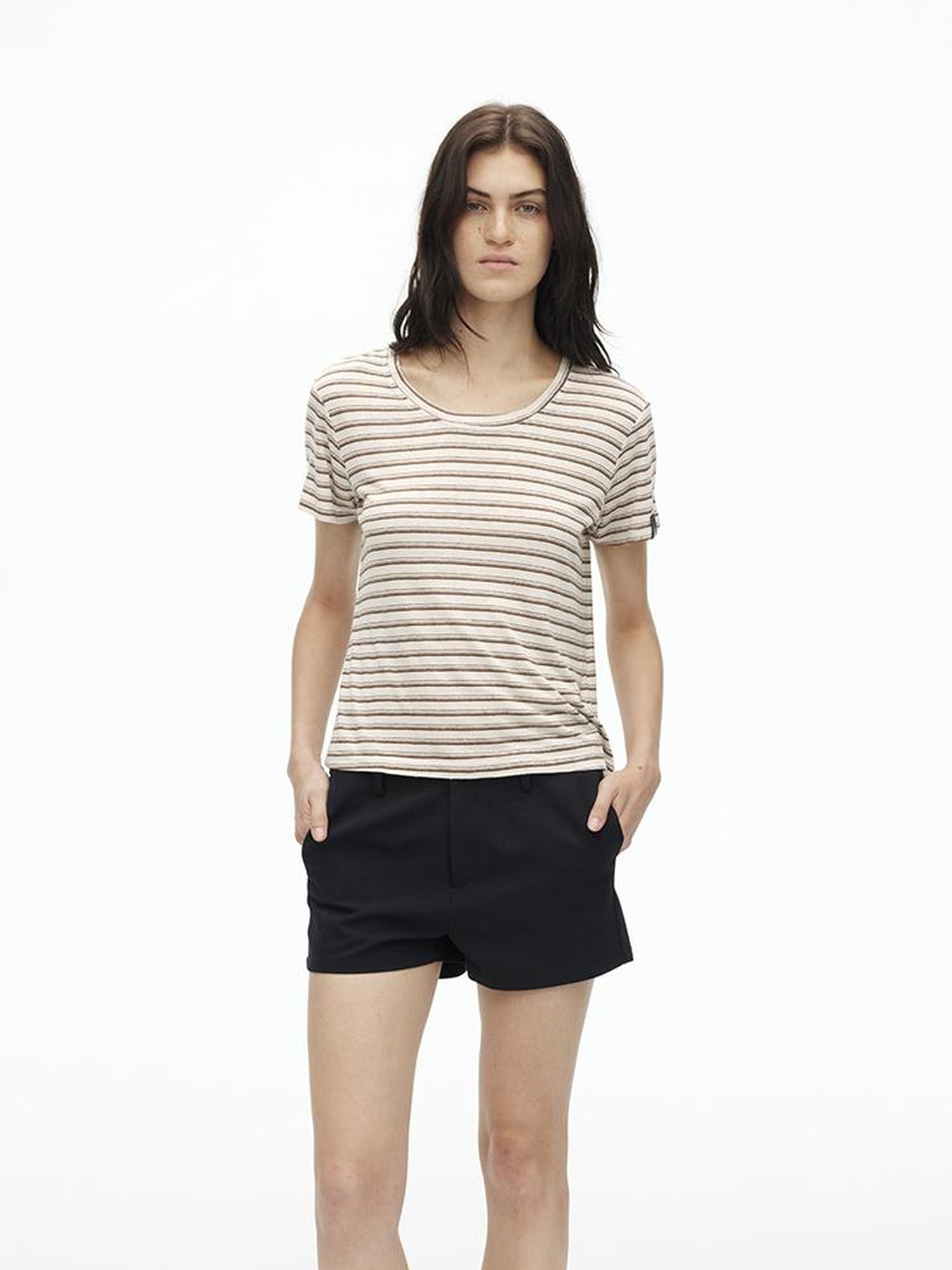 AFTADAWN Textured Linen Cotton Blend Striped Crewneck Tee