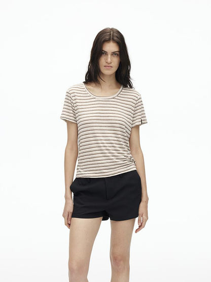 AFTADAWN Textured Linen Cotton Blend Striped Crewneck Tee