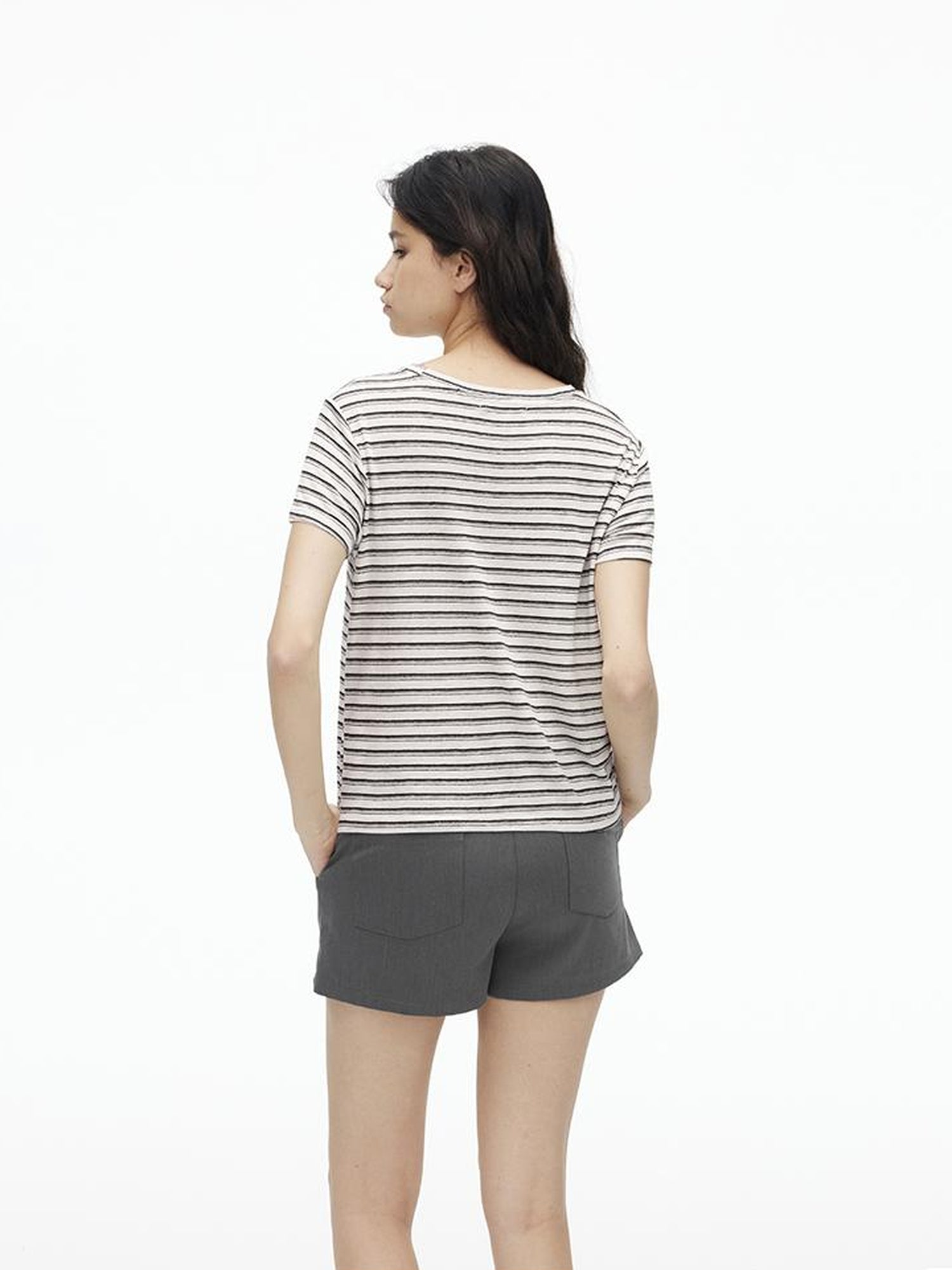 AFTADAWN Textured Linen Cotton Blend Striped Crewneck Tee