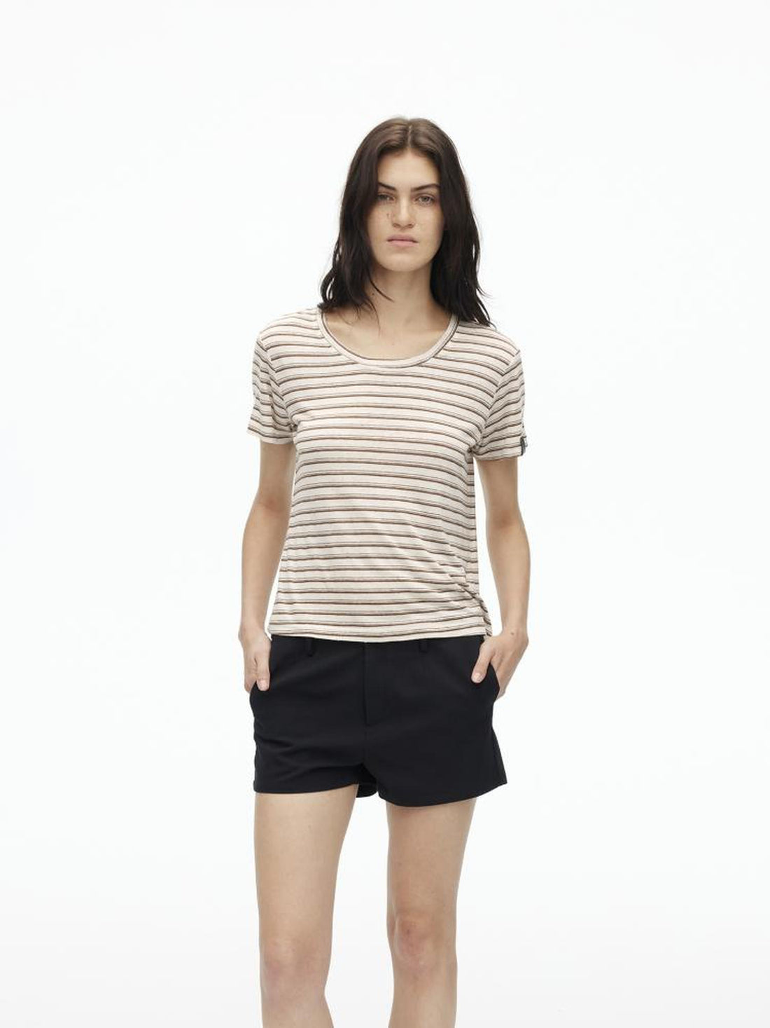 AFTADAWN Textured Linen Cotton Blend Striped Crewneck Tee
