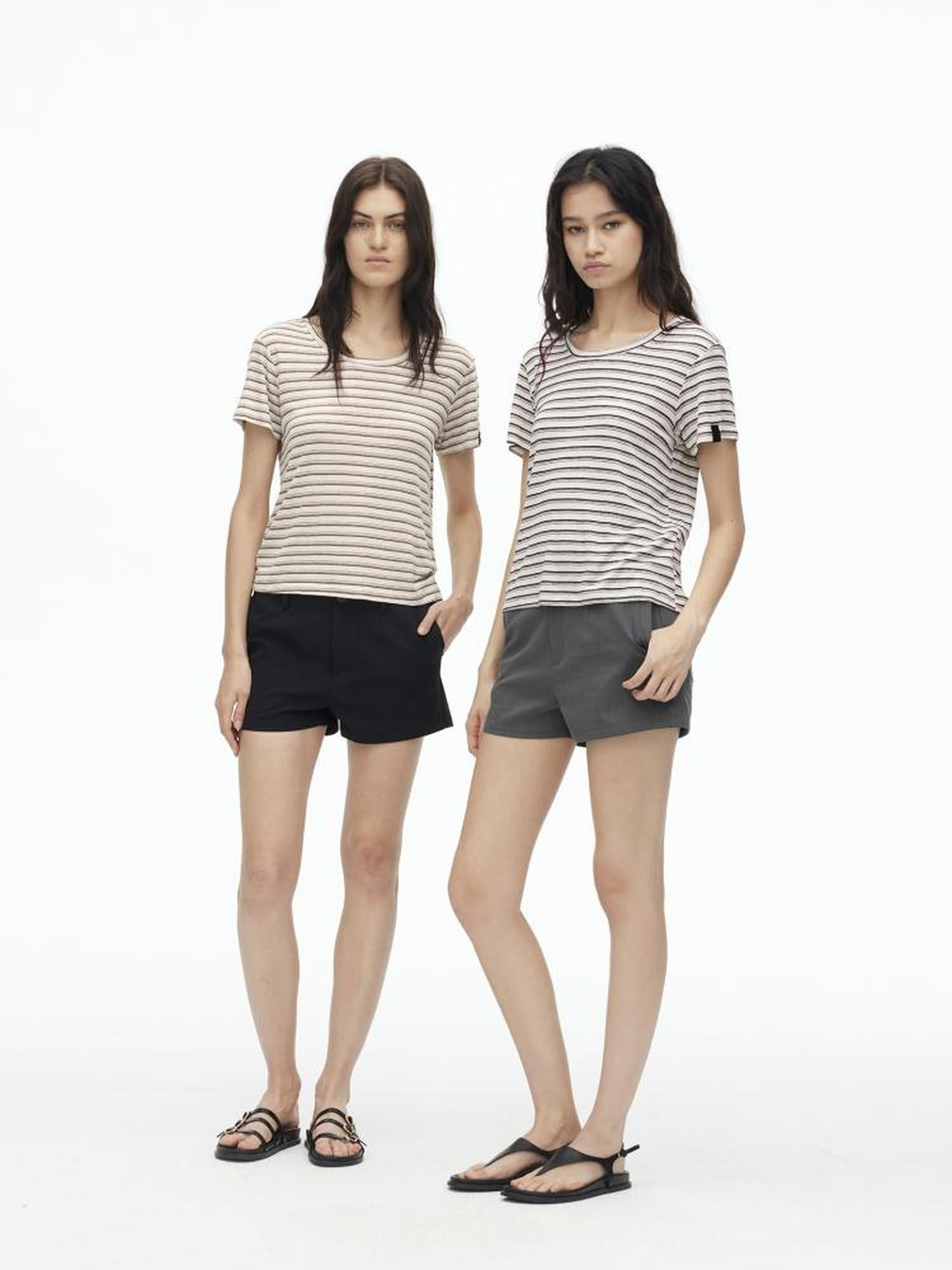 AFTADAWN Textured Linen Cotton Blend Striped Crewneck Tee