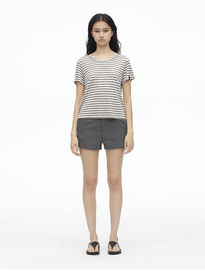 AFTADAWN Textured Linen Cotton Blend Striped Crewneck Tee