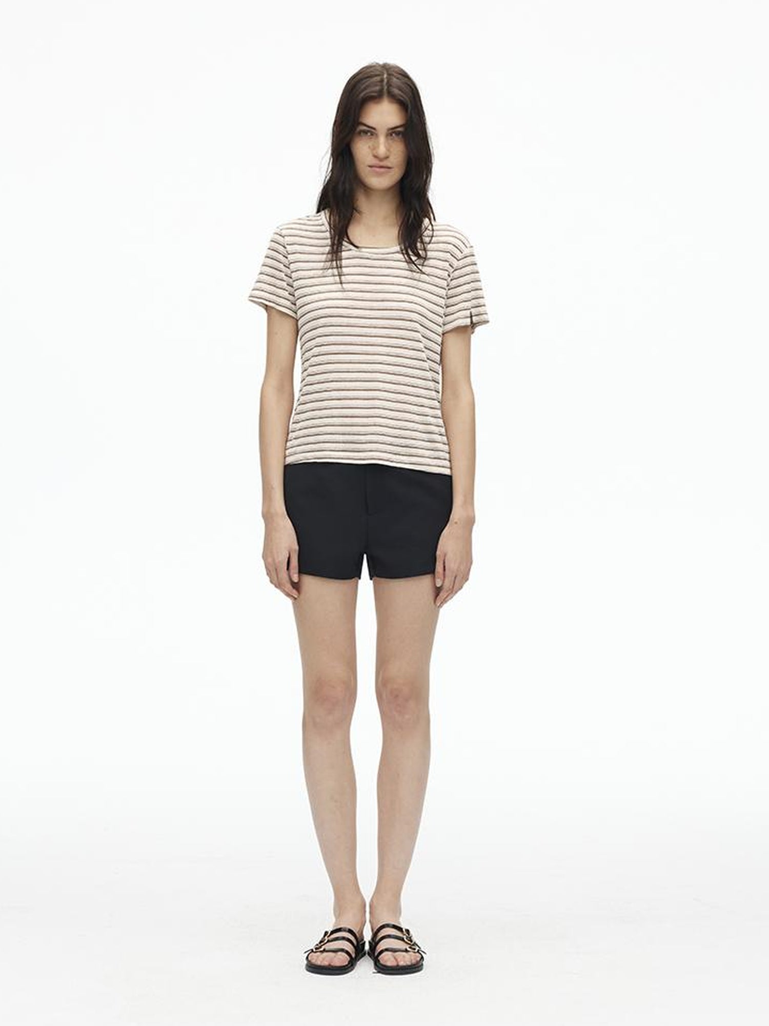 AFTADAWN Textured Linen Cotton Blend Striped Crewneck Tee