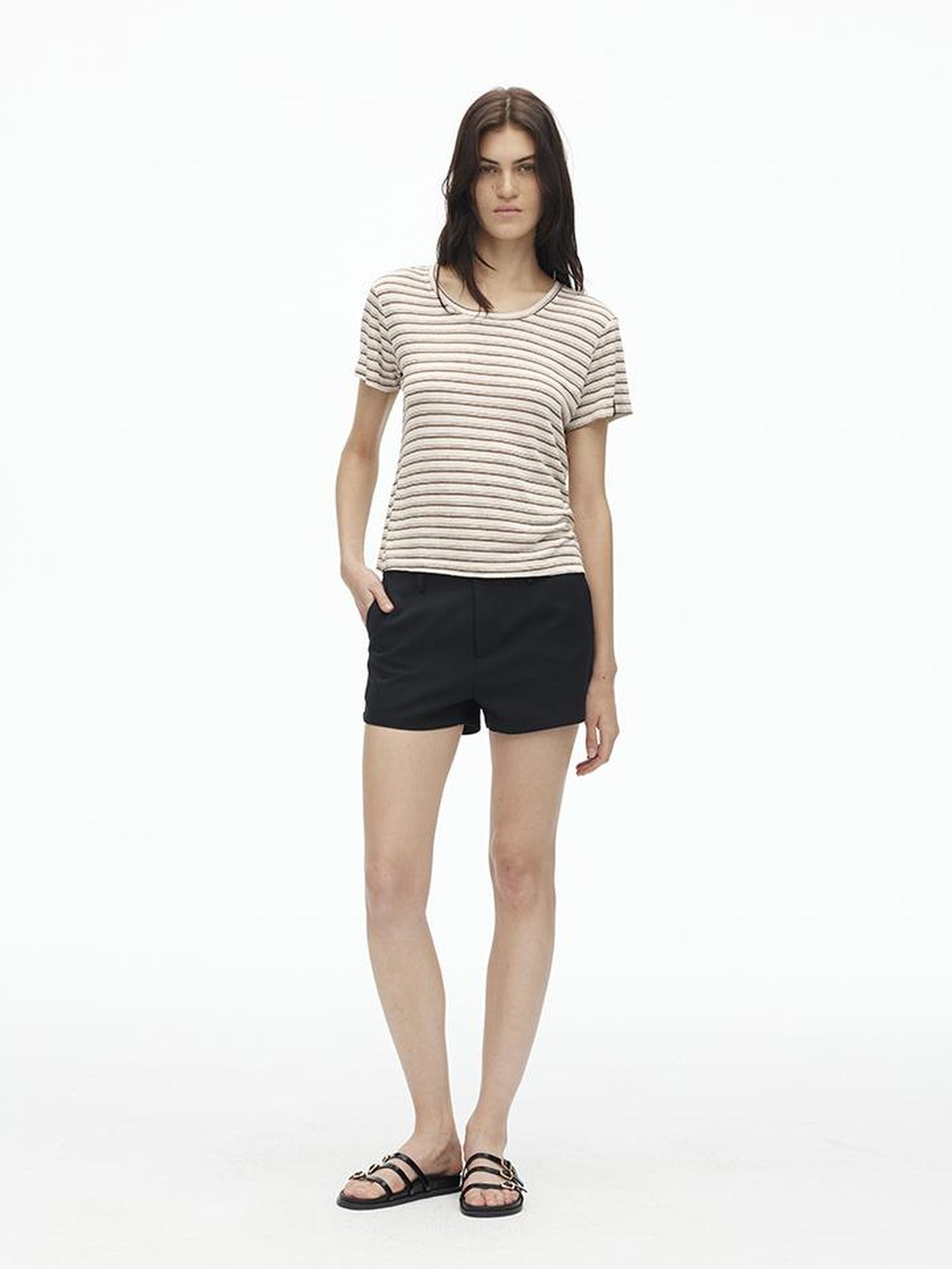 AFTADAWN Textured Linen Cotton Blend Striped Crewneck Tee