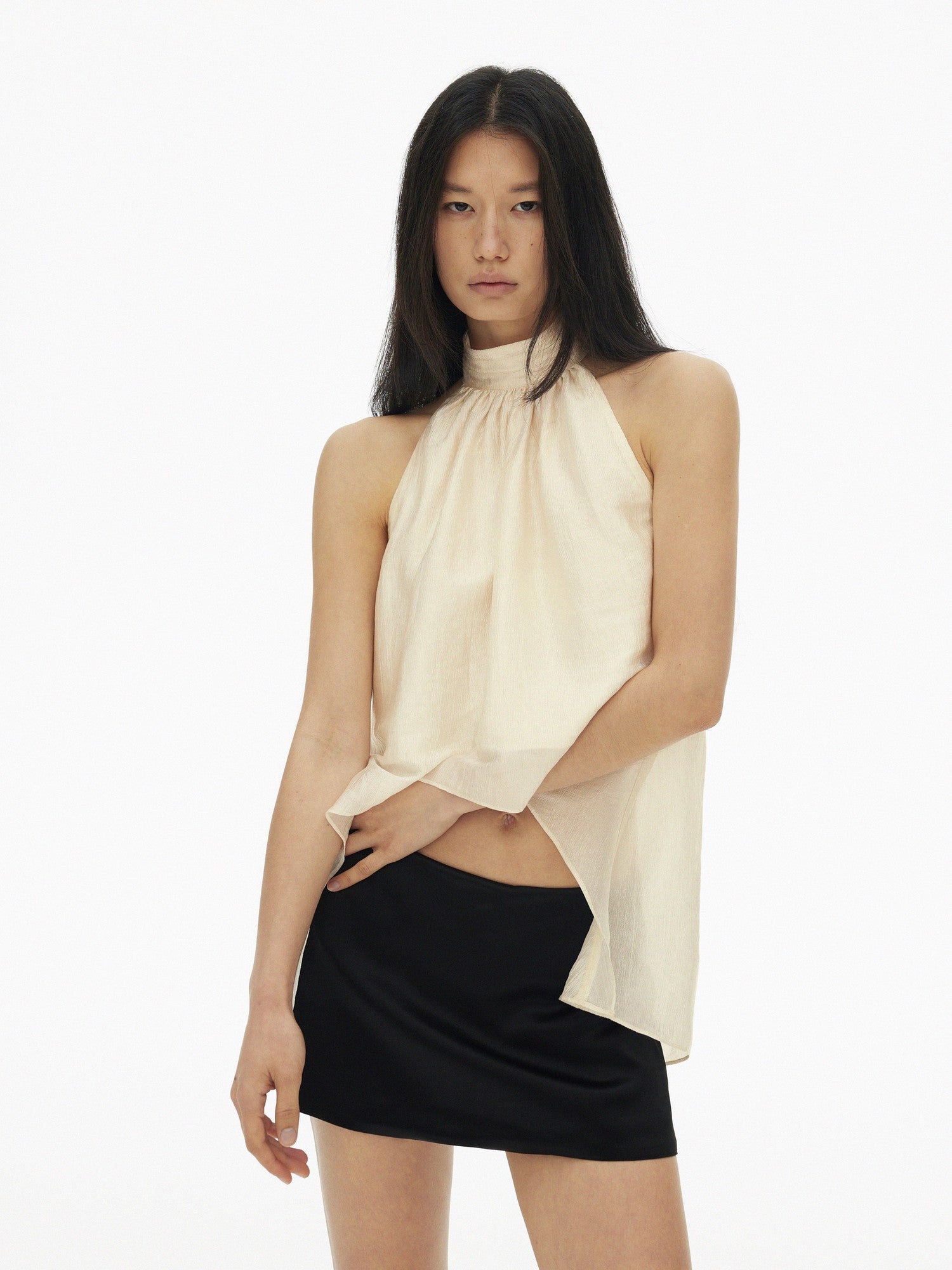 AFTADAWN Textured Mesh A Line High Neck Irregular Hem Women&