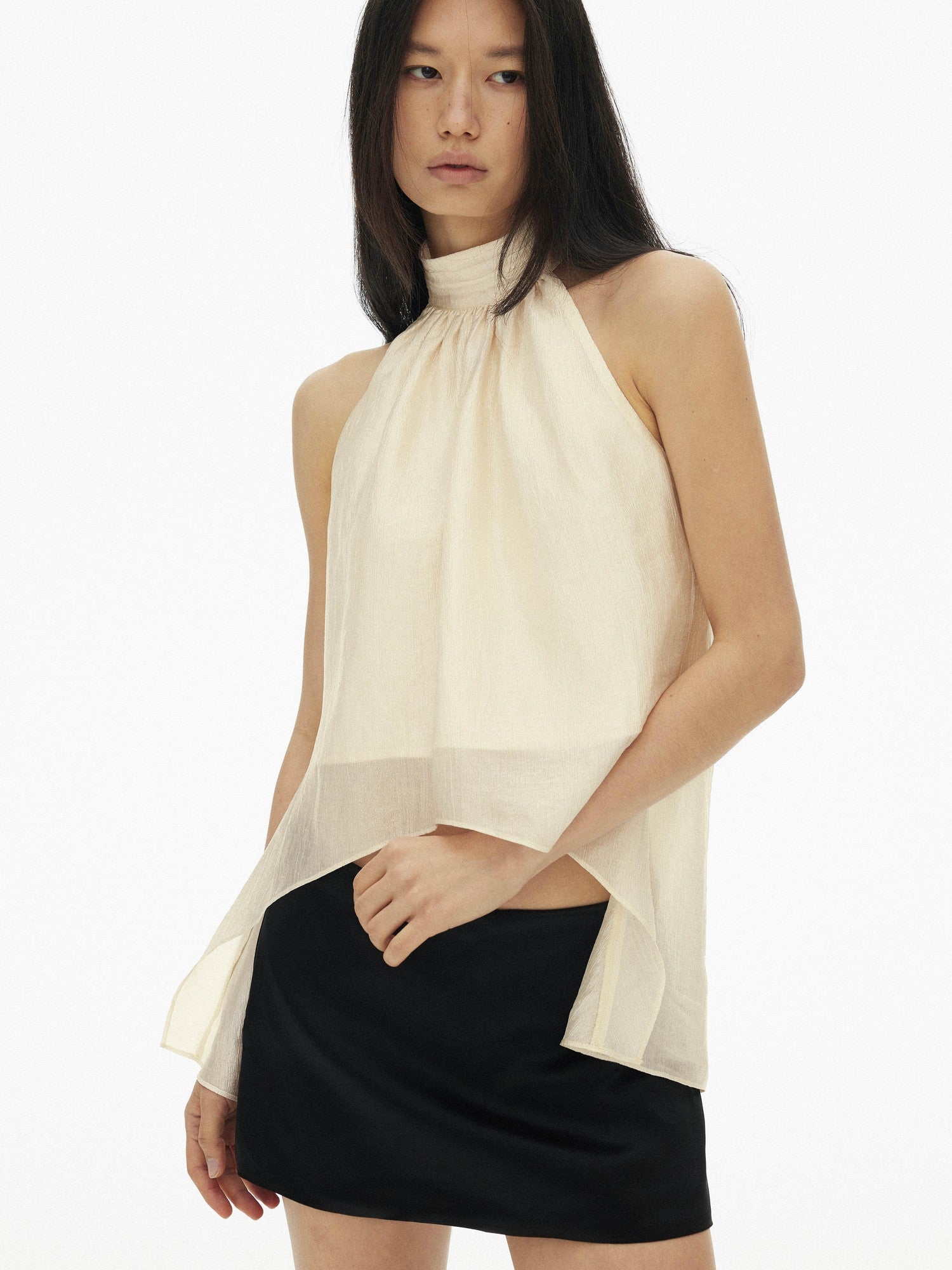 AFTADAWN Textured Mesh A Line High Neck Irregular Hem Women&