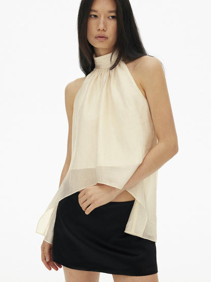 AFTADAWN Textured Mesh A Line High Neck Irregular Hem Women&
