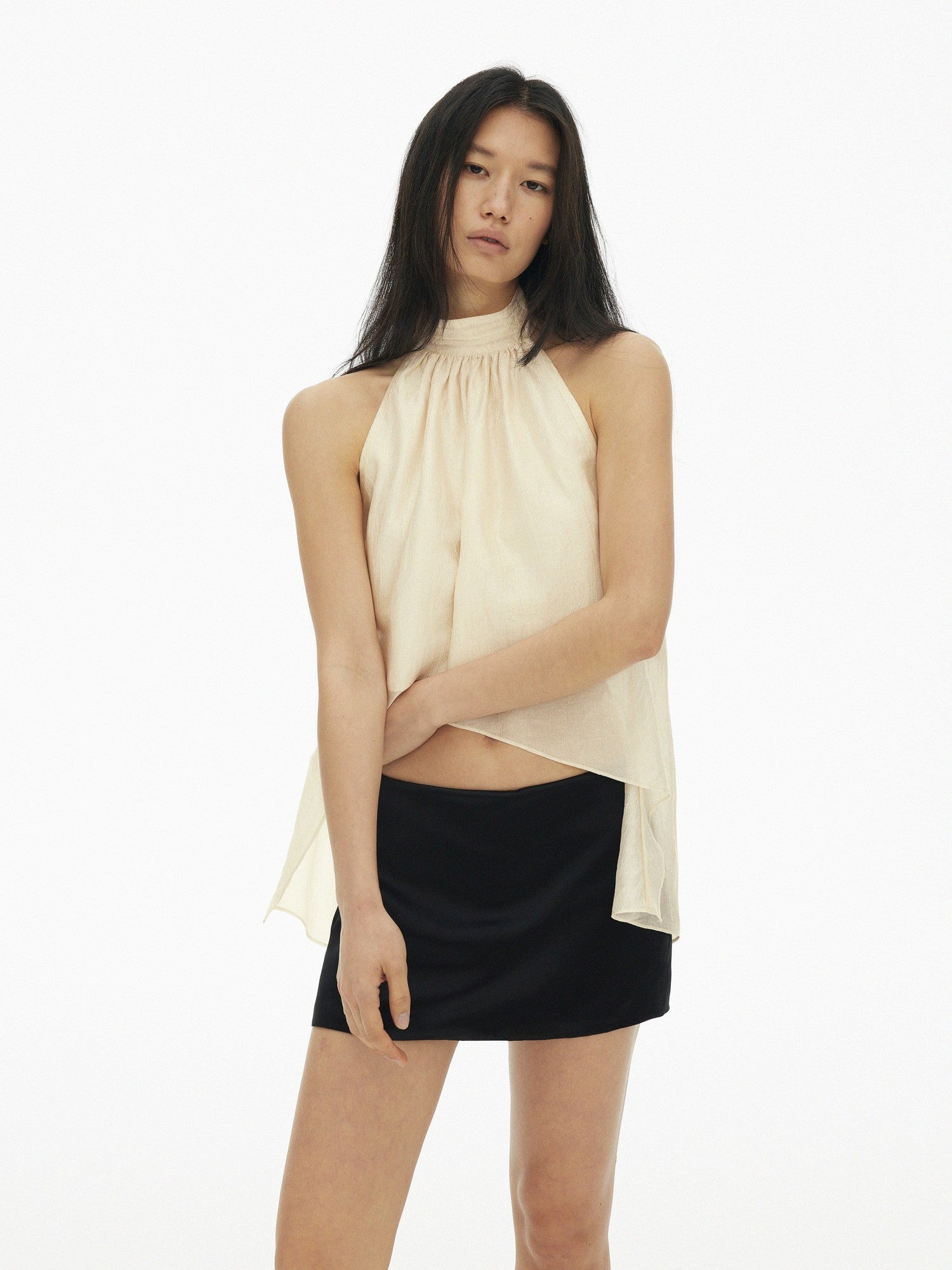 AFTADAWN Textured Mesh A Line High Neck Irregular Hem Women&