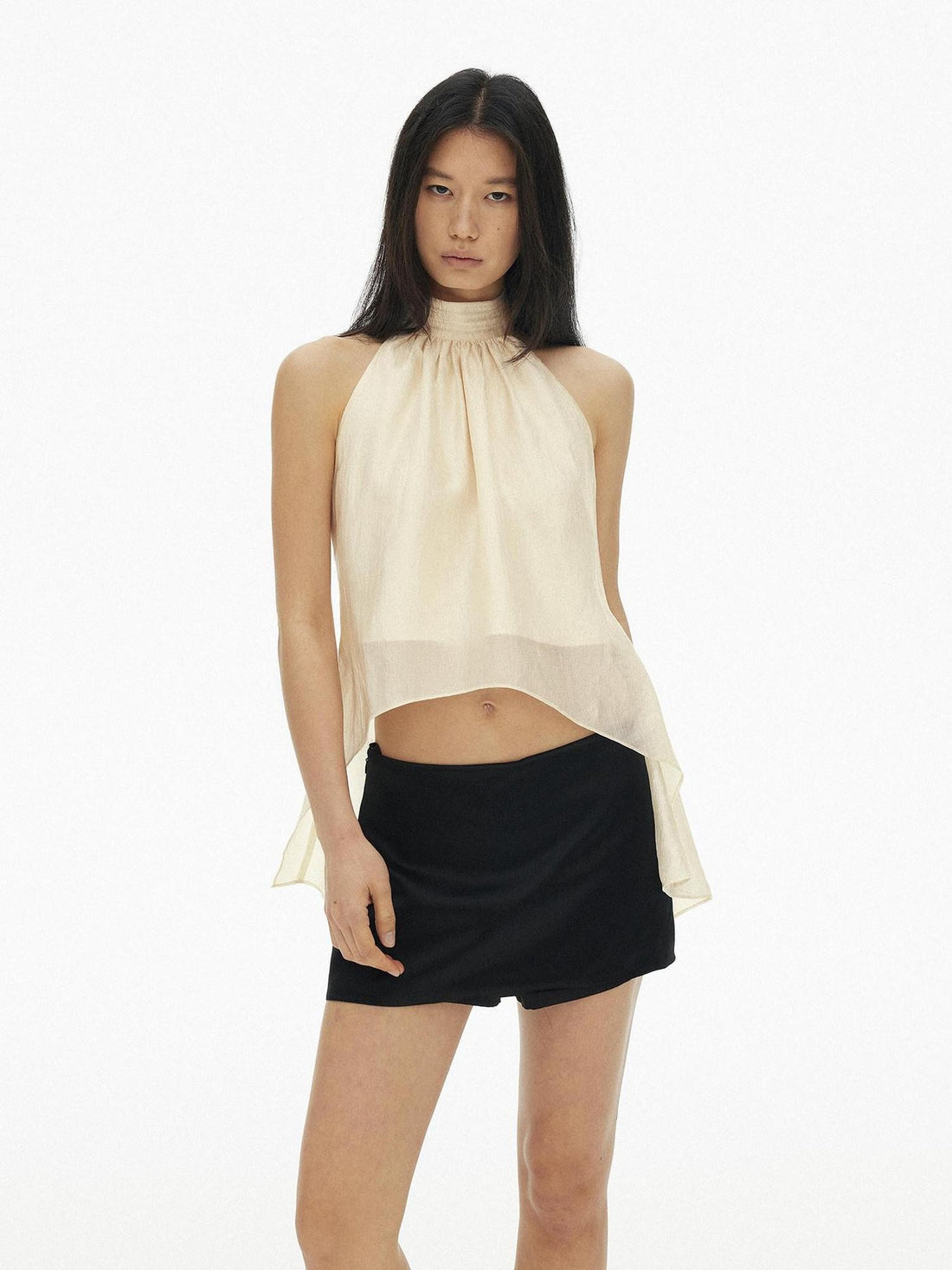AFTADAWN Textured Mesh A Line High Neck Irregular Hem Women&