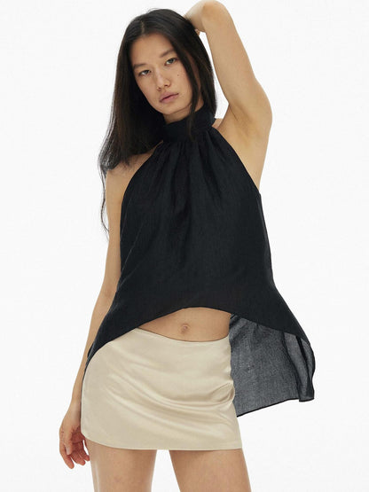 AFTADAWN Textured Mesh A Line High Neck Irregular Hem Women&