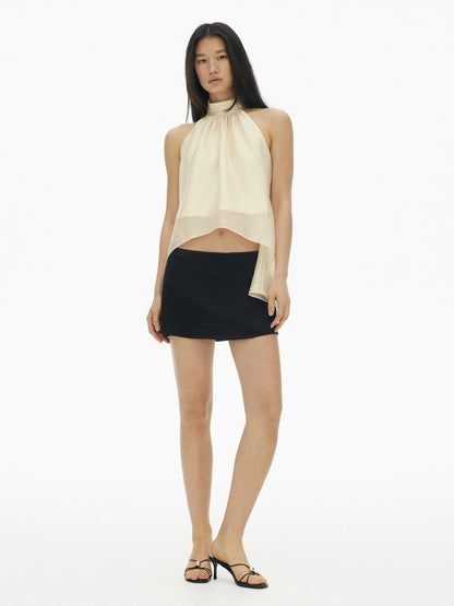 AFTADAWN Textured Mesh A Line High Neck Irregular Hem Women&