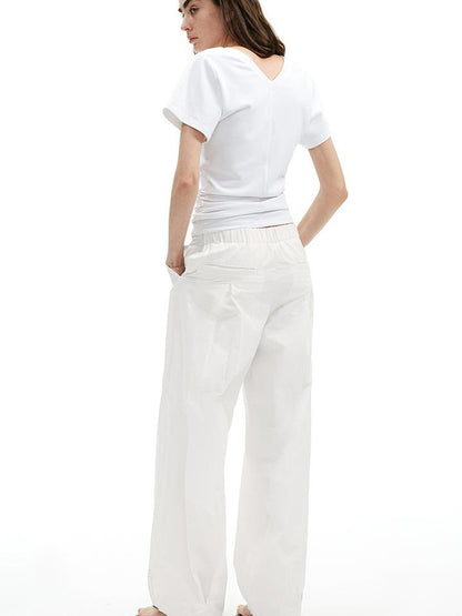 AFTADAWN Textured Pleat White Wide Leg Trousers