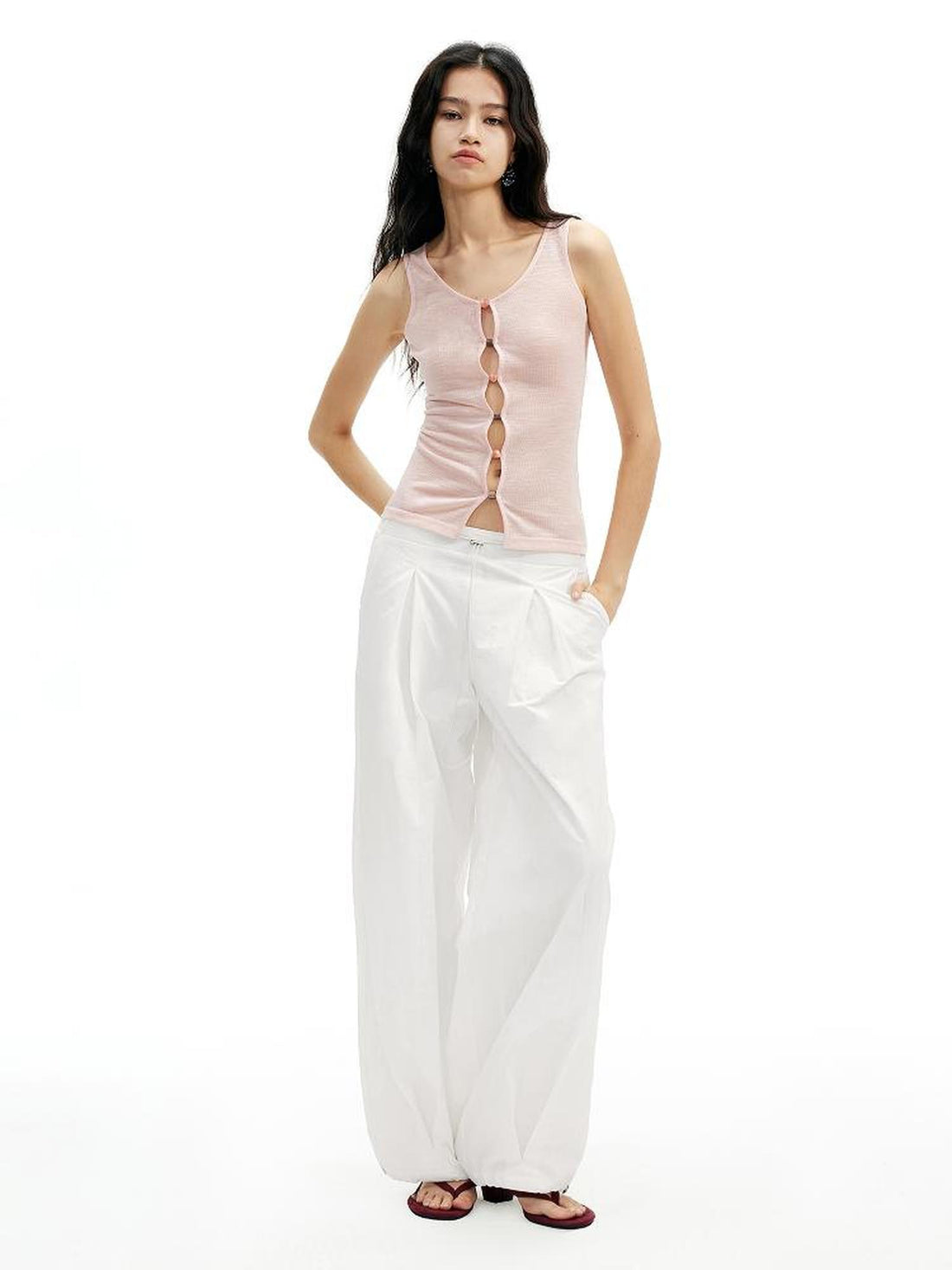 AFTADAWN Textured Pleat White Wide Leg Trousers