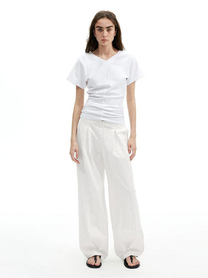 AFTADAWN Textured Pleat White Wide Leg Trousers