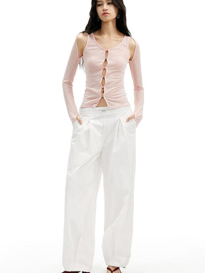 AFTADAWN Textured Pleat White Wide Leg Trousers