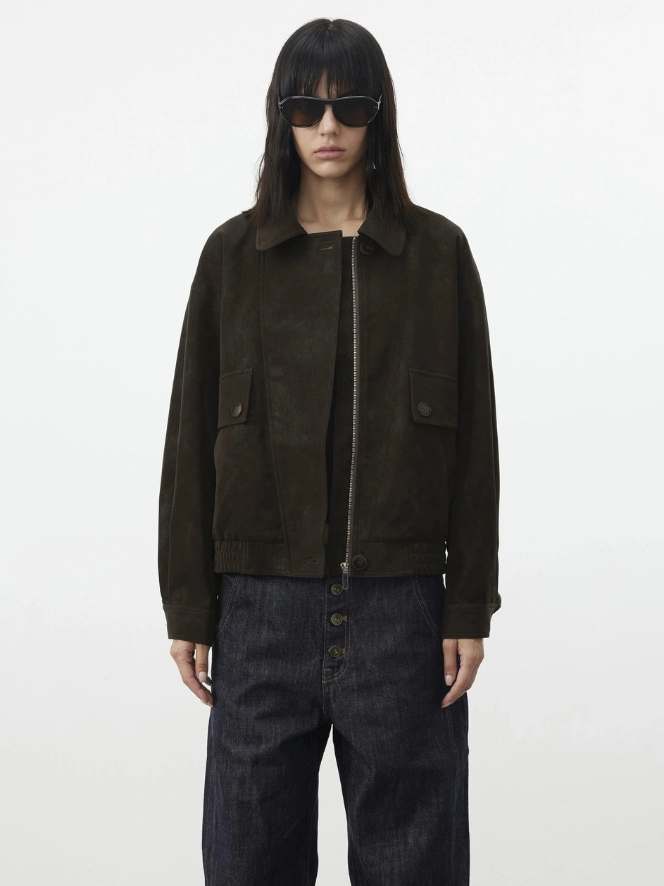 AFTADAWN Textured Pu Leather Asymmetric Zip Short Jacket Jacket