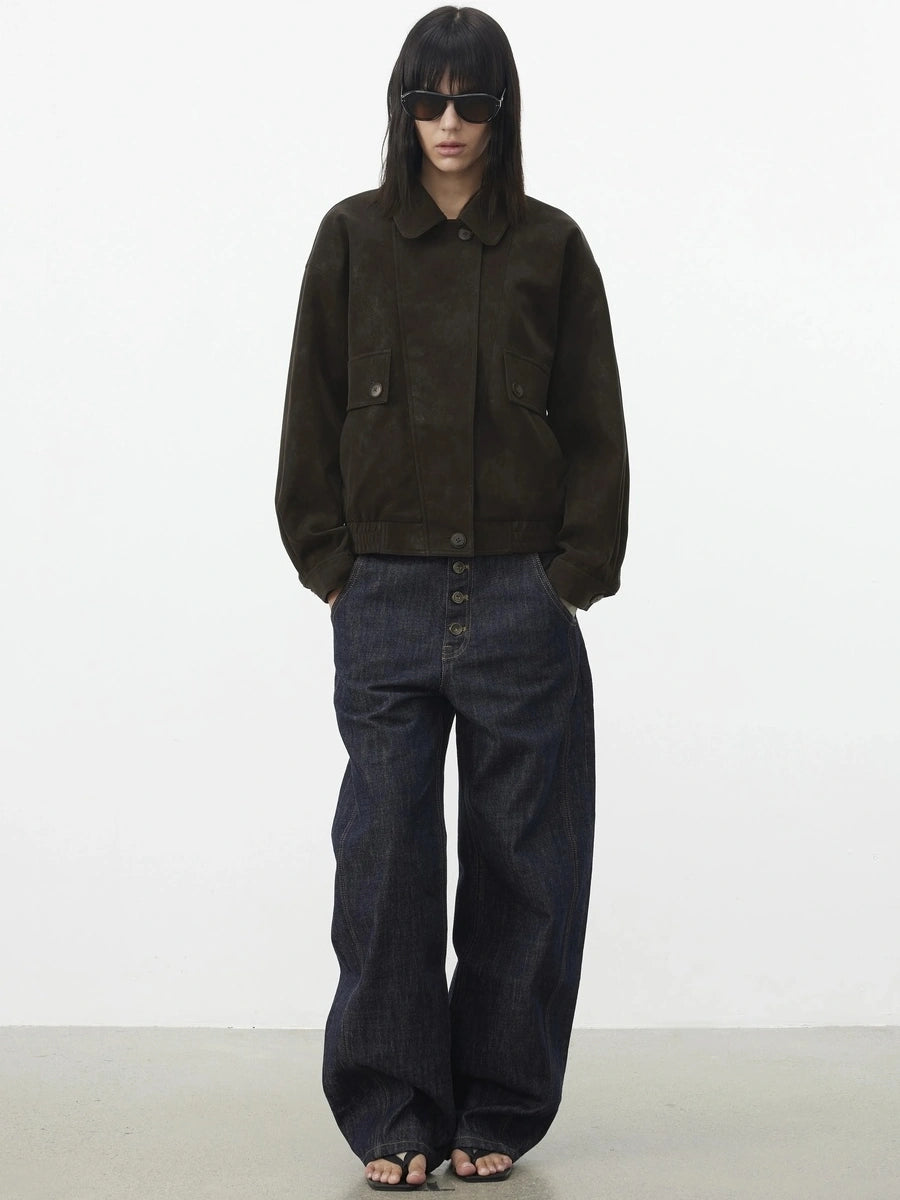 AFTADAWN Textured Pu Leather Asymmetric Zip Short Jacket Jacket