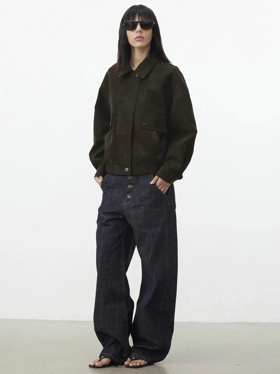 AFTADAWN Textured Pu Leather Asymmetric Zip Short Jacket Jacket