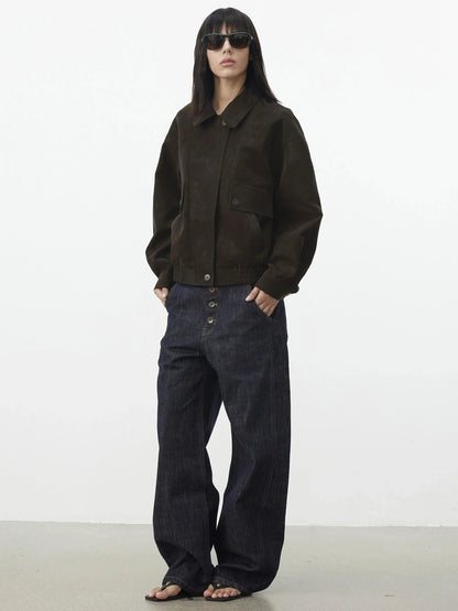 AFTADAWN Textured Pu Leather Asymmetric Zip Short Jacket Jacket