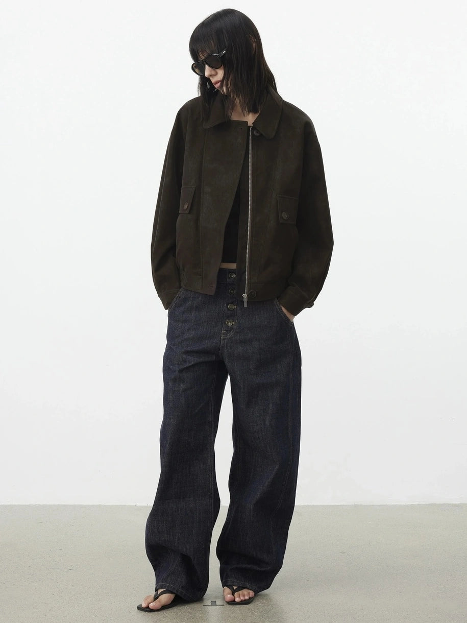 AFTADAWN Textured Pu Leather Asymmetric Zip Short Jacket Jacket