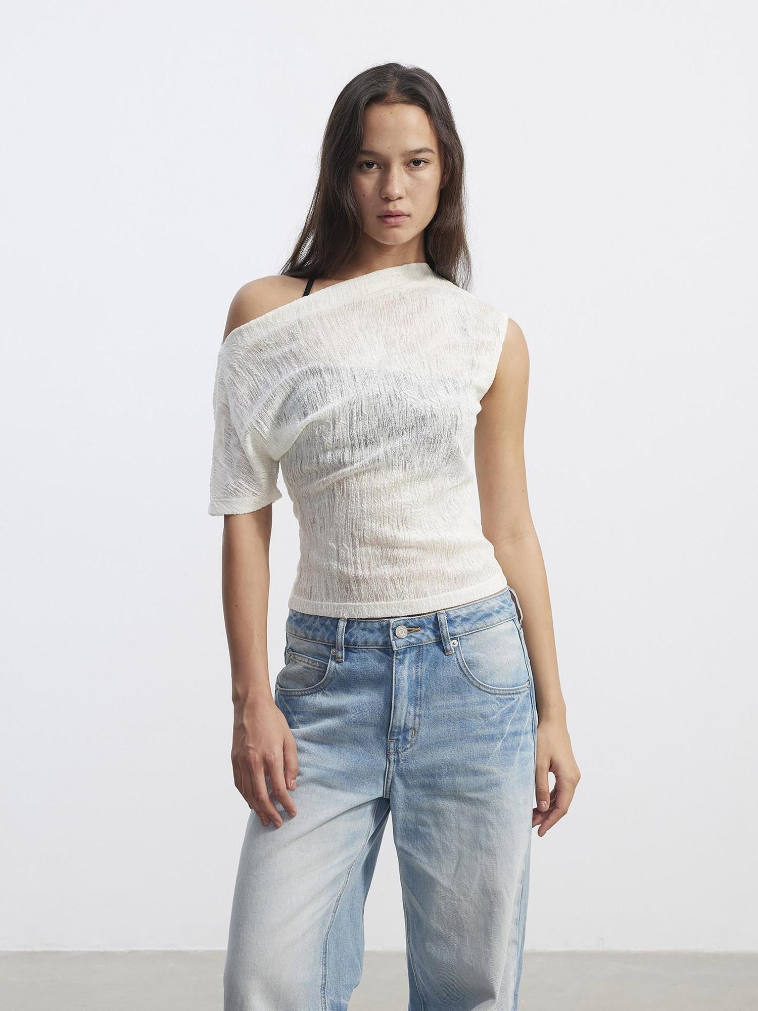 AFTADAWN Textured Sheer Asymmetrical One Shoulder Women&