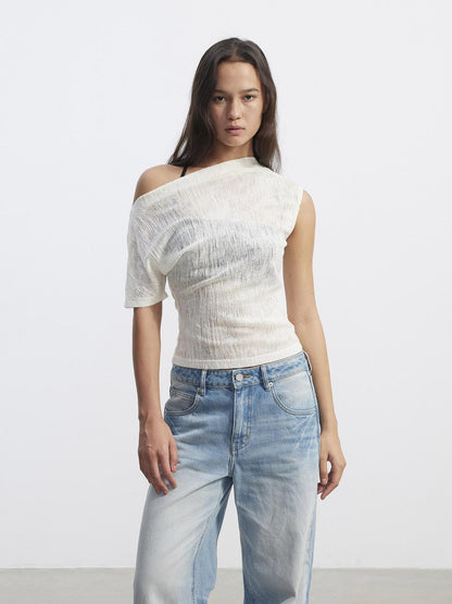 AFTADAWN Textured Sheer Asymmetrical One Shoulder Women&