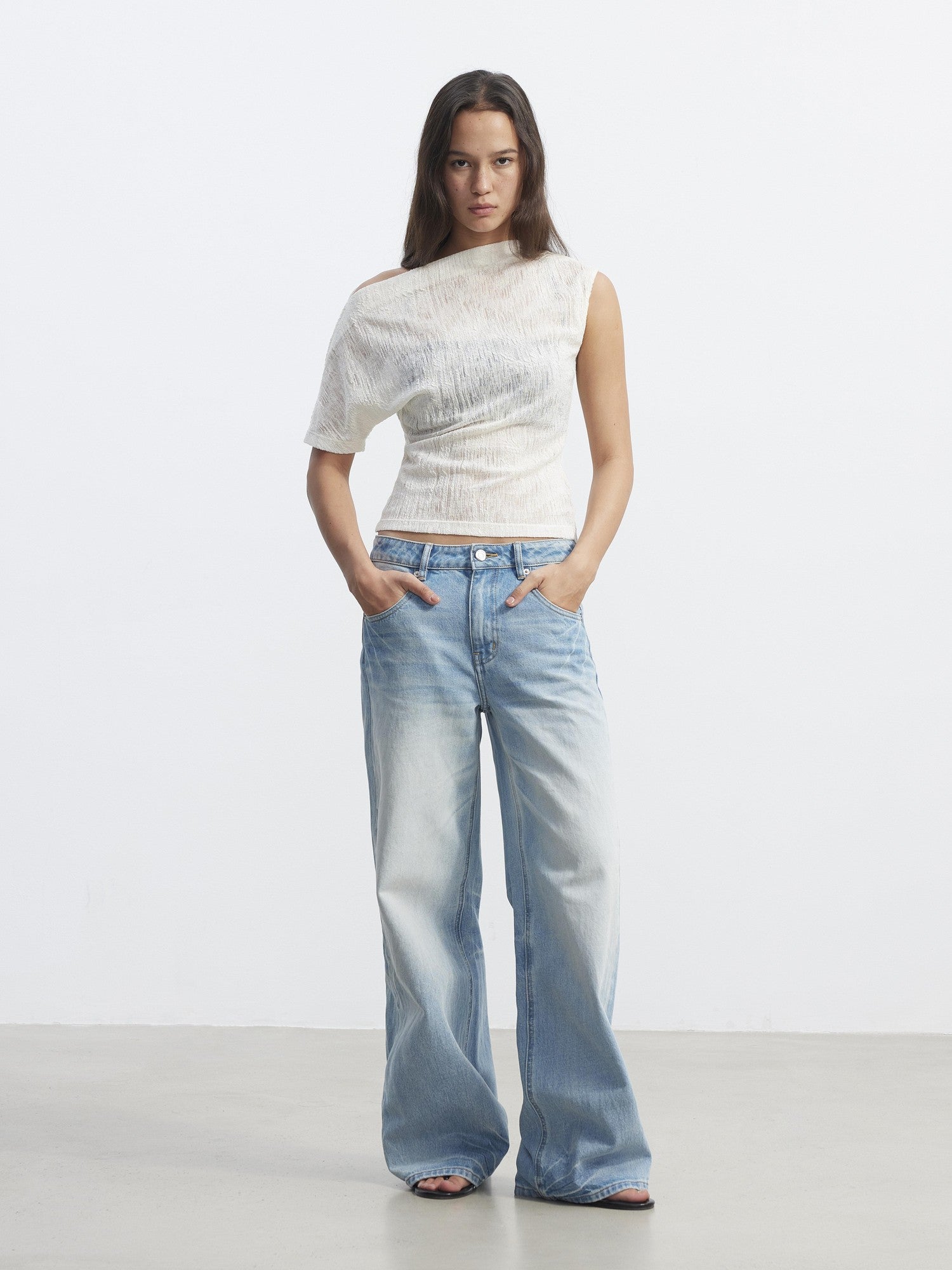 AFTADAWN Textured Sheer Asymmetrical One Shoulder Women&