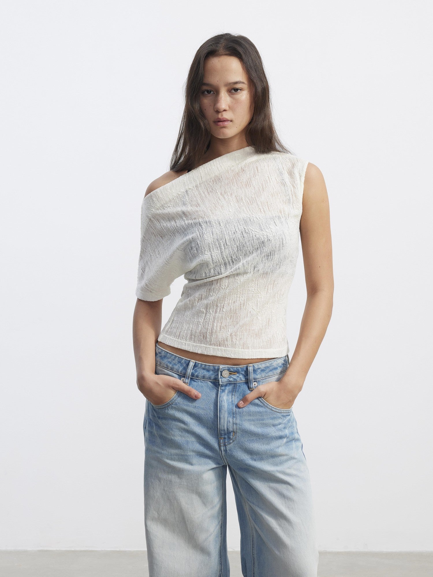 AFTADAWN Textured Sheer Asymmetrical One Shoulder Women&