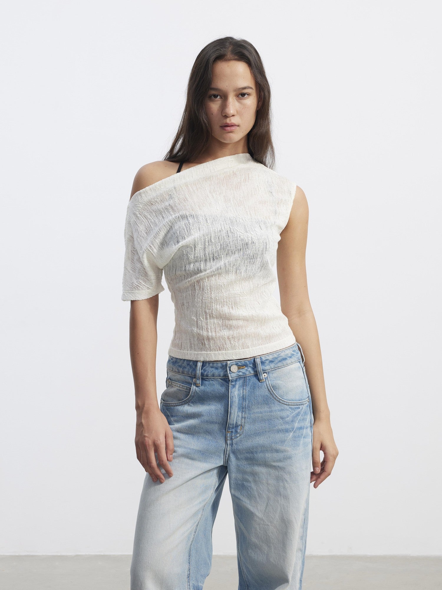 AFTADAWN Textured Sheer Asymmetrical One Shoulder Women&