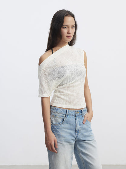 AFTADAWN Textured Sheer Asymmetrical One Shoulder Women&